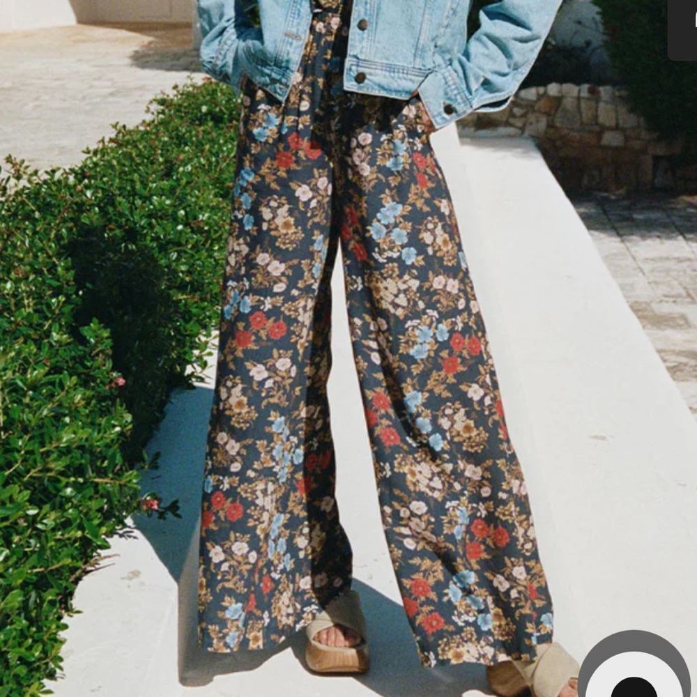 Spell Wide Leg Floral Pants - Black Base with Red, Blue & Tan Flowers
